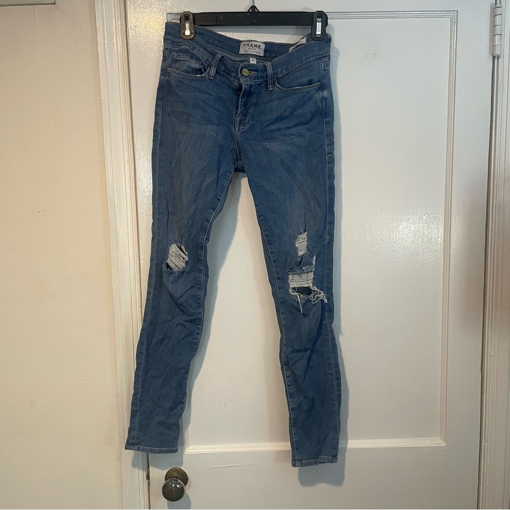 Frame Denim Women's Classic Blue Ripped Skinny Jeans